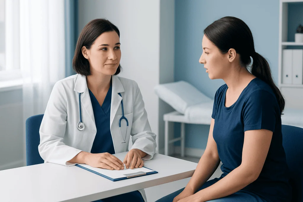 Doctor consulting with patient in a medical office setting.