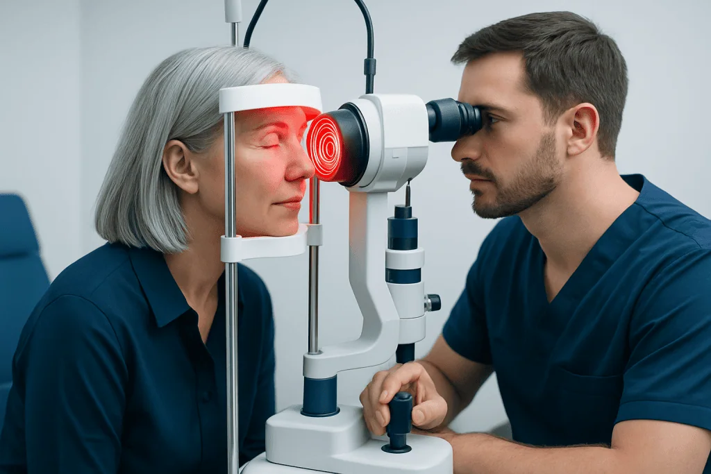 Optometrist performs eye scan using laser device at Acibadem Hospital.