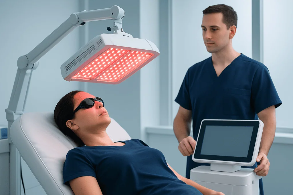 Patient undergoing red light therapy treatment in a medical clinic.