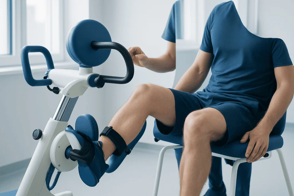 Patient performing ankle rehab exercise on a stationary bike at a hospital.
