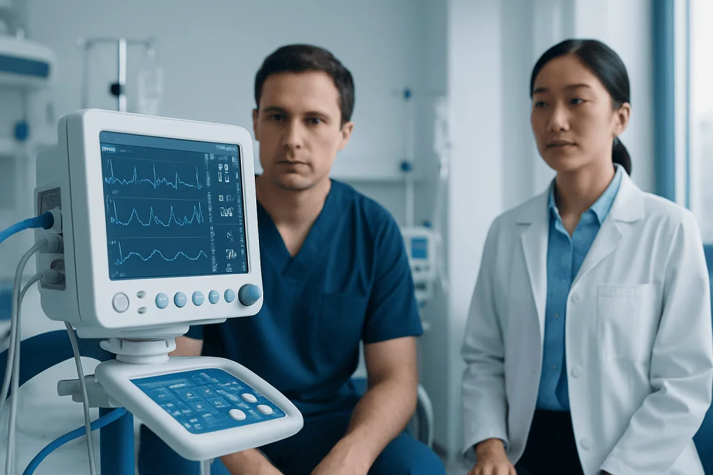 Medical professionals monitoring a patient with a heart rate monitor in a hospital.