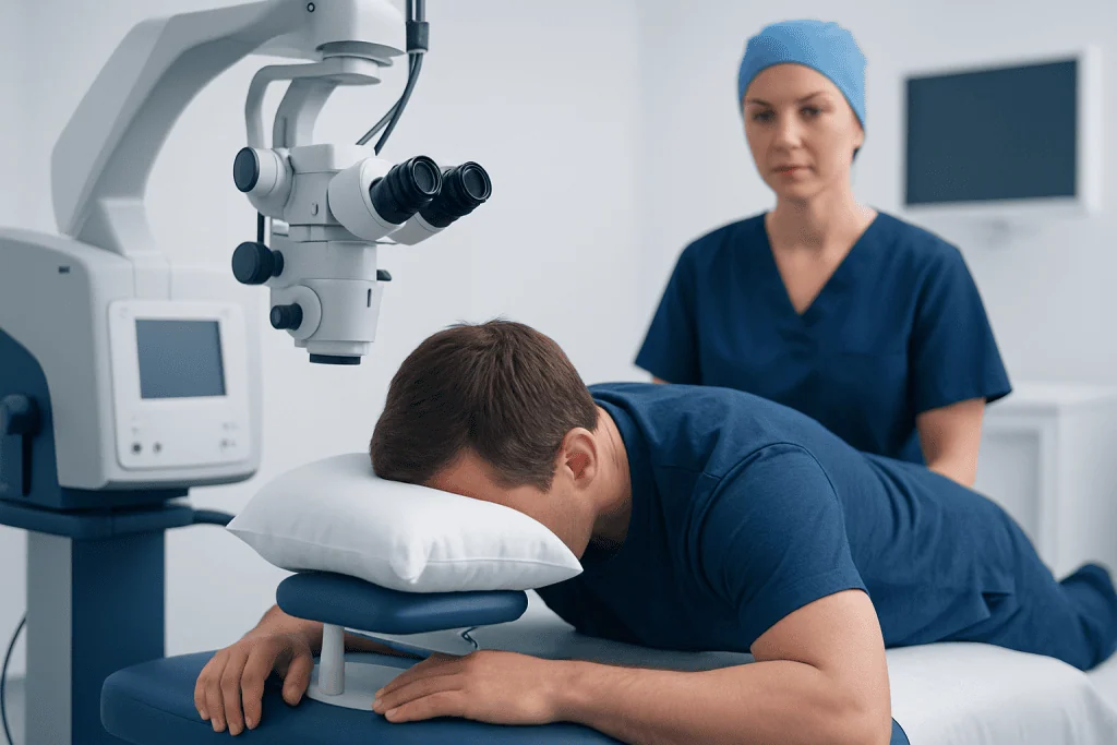 How retinal surgery works and who may need positioning — pictures of face down position after retinal surgery