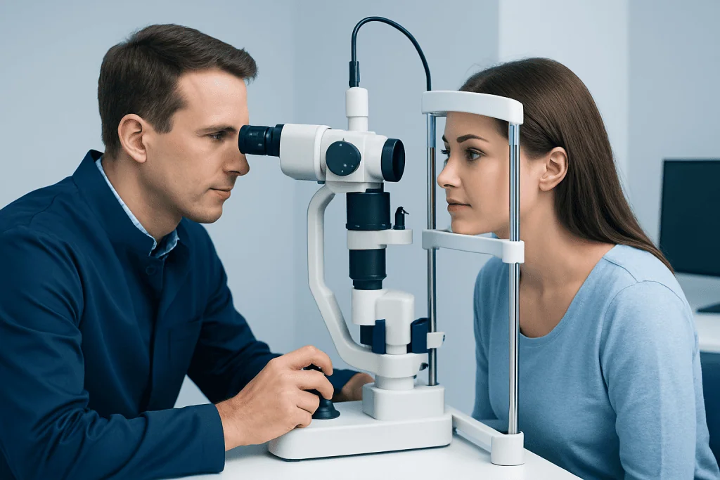 Optometrist examining patient's eye with slit lamp in clinic.