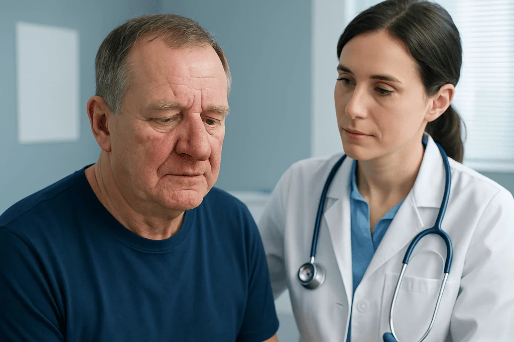 Doctor examining an elderly male patient in a clinical setting.