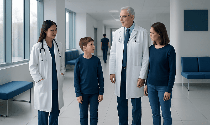Doctor talking to young patient and family in hospital corridor.