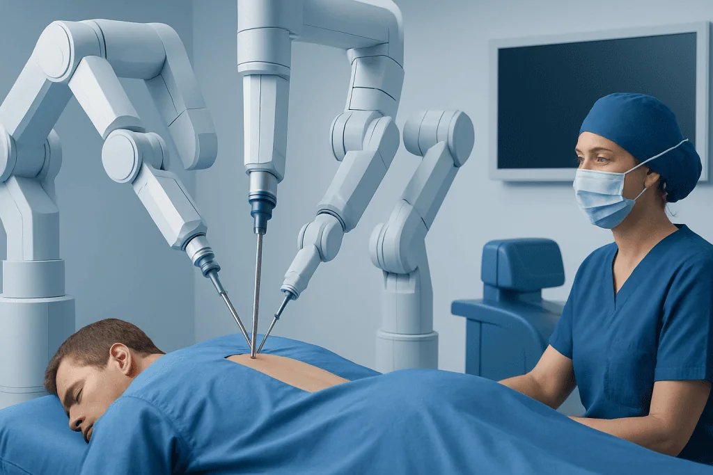 Robotic spine surgery being performed by a medical team in an operating room.