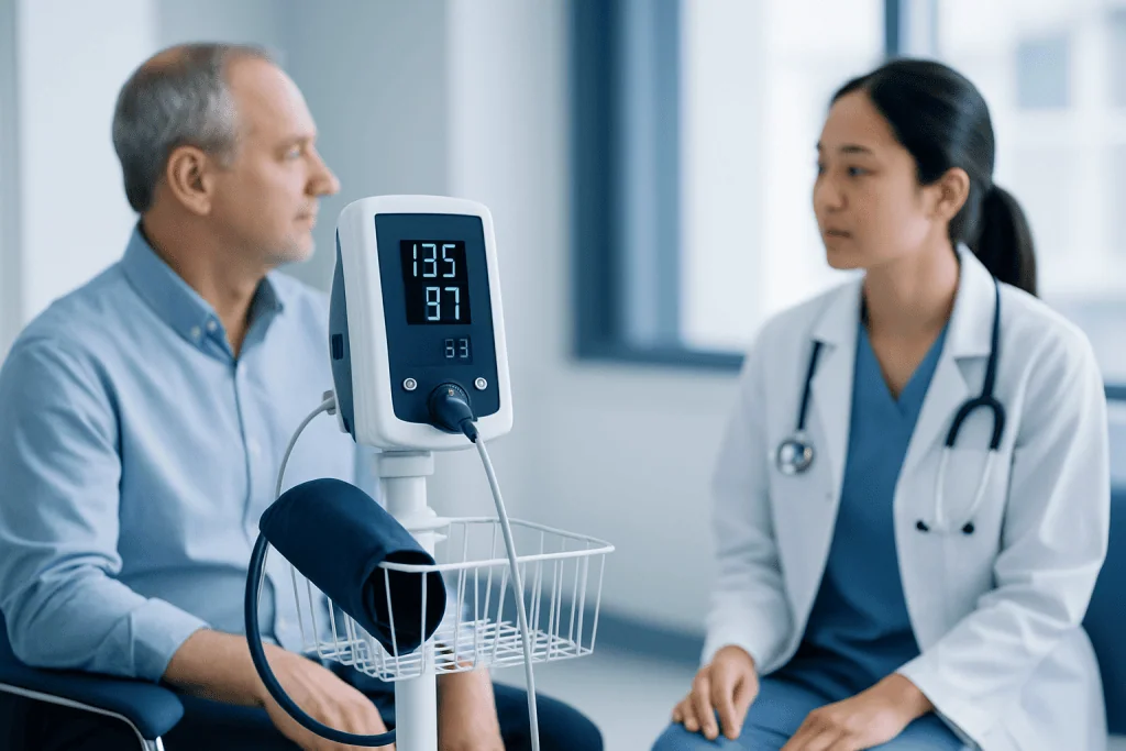 Doctor monitoring patient's blood pressure in a clinical setting.