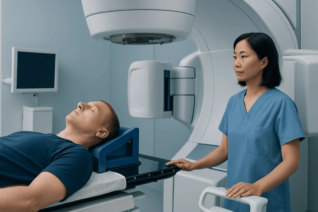 Patient undergoing MRI scan at Acibadem Hospital with medical staff present.