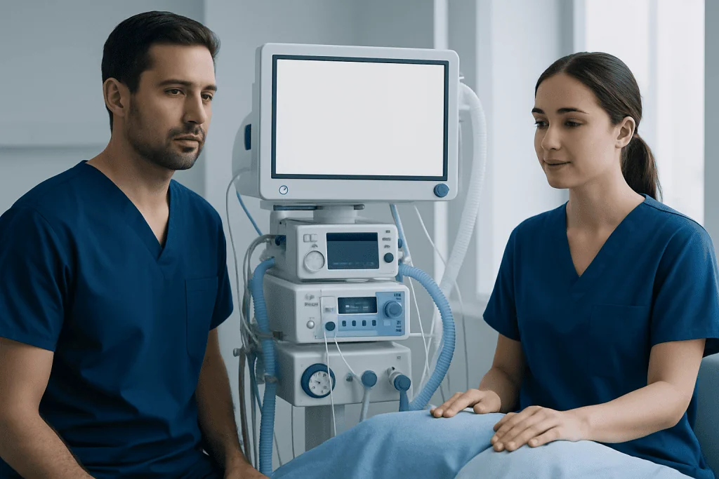 Medical professionals in a hospital room with ventilator equipment.