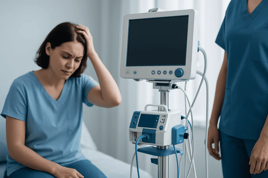 Patient with headache in hospital room with medical monitor.