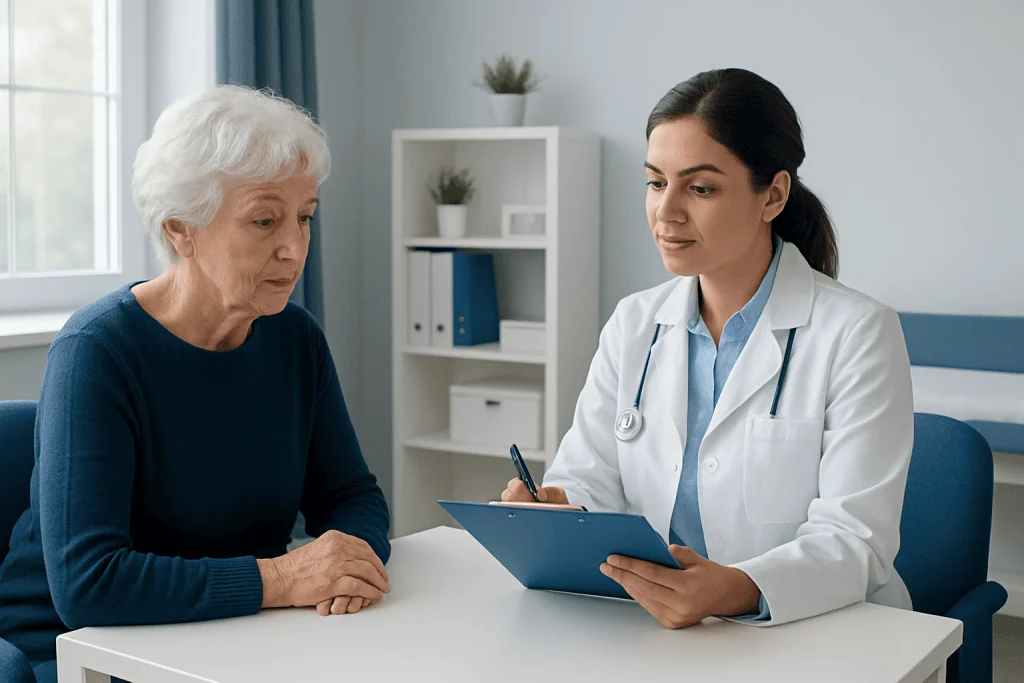 Doctor consulting elderly woman about health in a medical office.