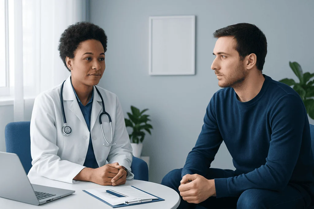 Doctor consulting with male patient in a medical office setting.