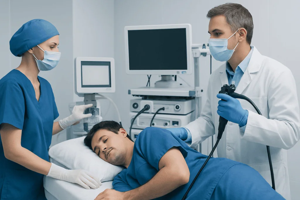 Medical team performing endoscopy on patient in hospital setting.