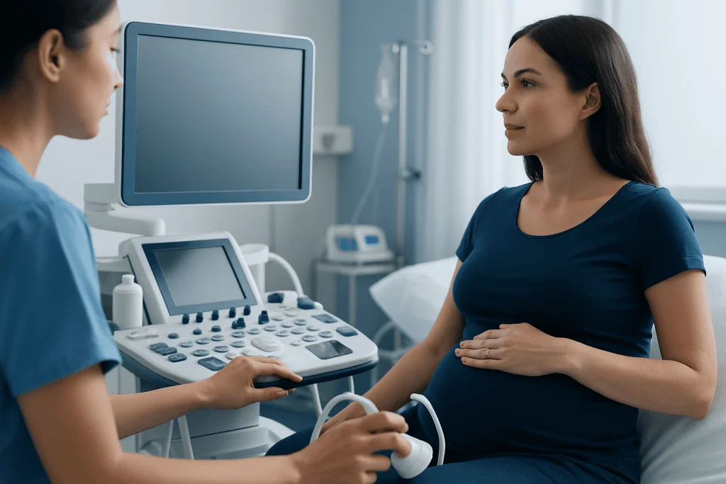 Pregnant woman at a medical checkup with ultrasound equipment in a hospital.