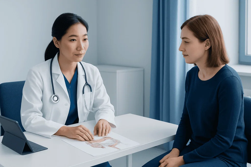 Doctor consulting with patient in a medical office setting.