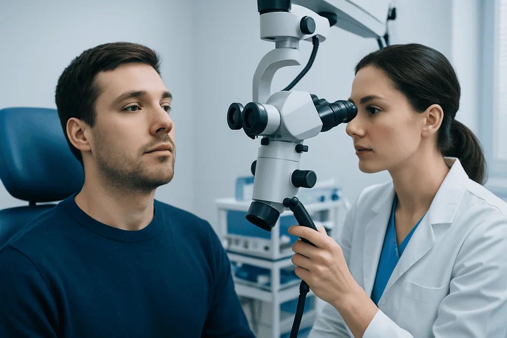 Doctor examines patient's throat with a microscope in a clinical setting.