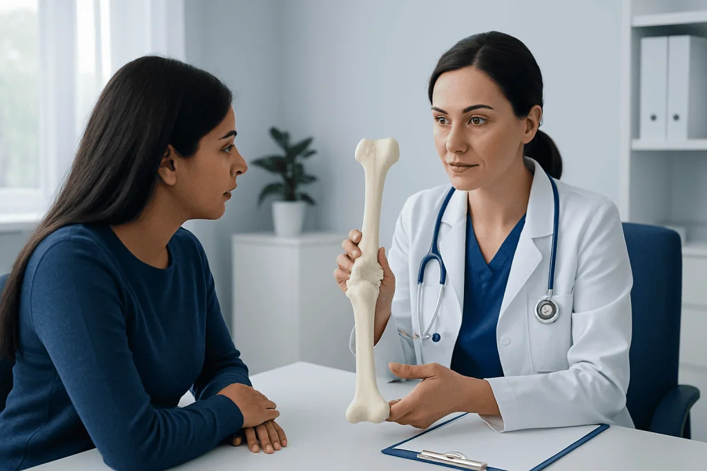 Doctor explaining bone anatomy to patient in a consultation room.