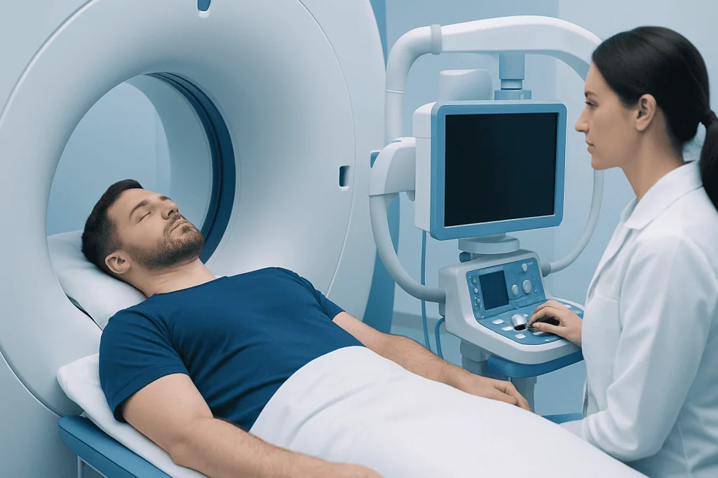 Patient undergoing MRI scan at Acibadem Hospital for spine treatment.