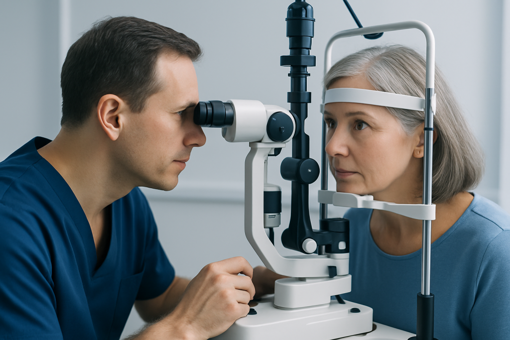 Ophthalmologist examining an elderly woman's eye with a slit lamp.
