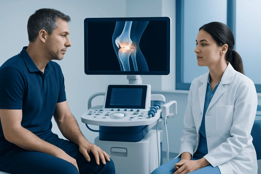 Doctor explaining knee joint scan to patient in a medical clinic.