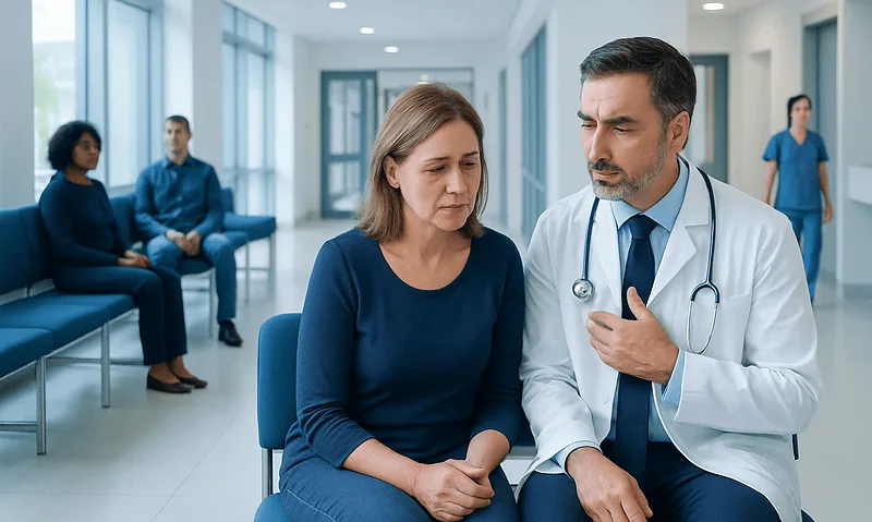 Doctor consulting with a patient in a hospital corridor.
