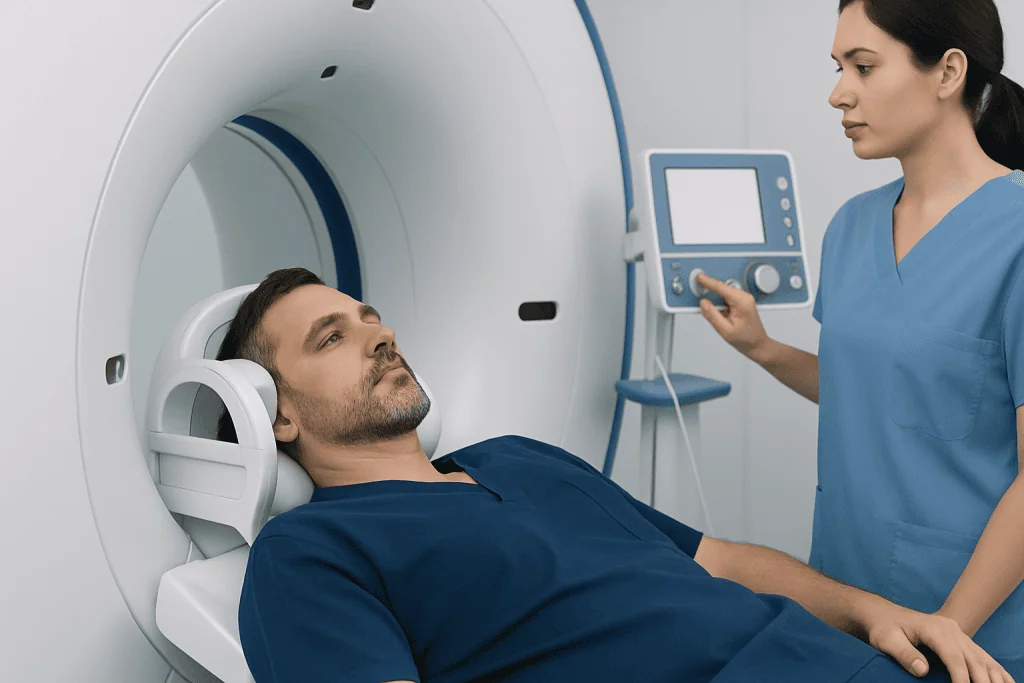 Patient undergoing MRI scan at Acibadem Hospital for pituitary mass evaluation.