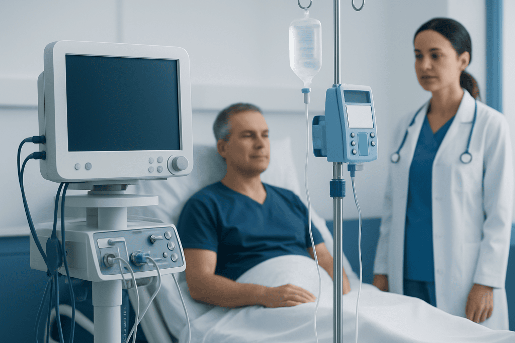 Hospital patient receiving medical care in a clinical setting.