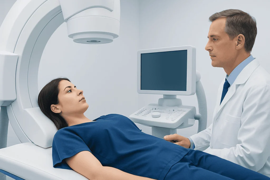 Doctor consulting with patient during MRI scan at Acibadem Hospital.