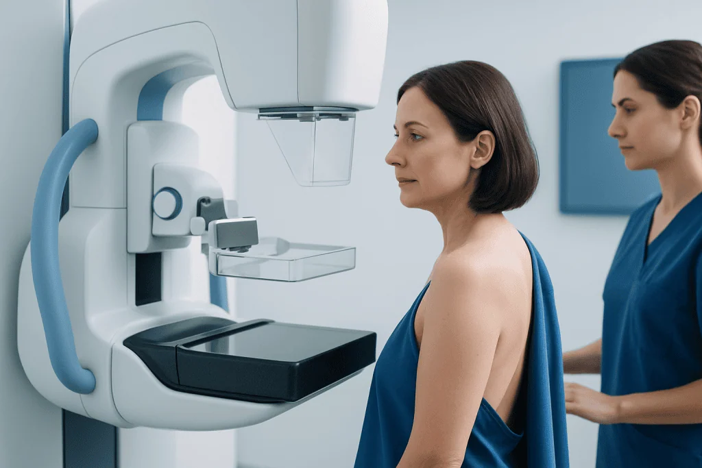 Woman undergoing mammogram at Acibadem Hospital for breast cancer screening.