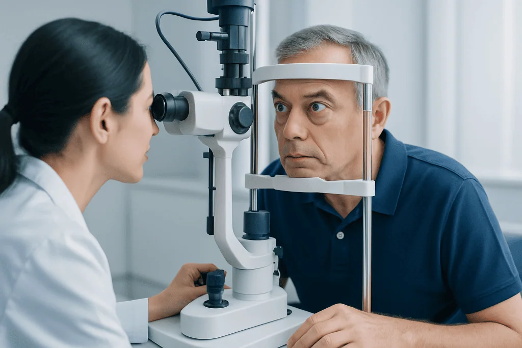 Ophthalmologist examining a patient's eyes with a slit lamp.
