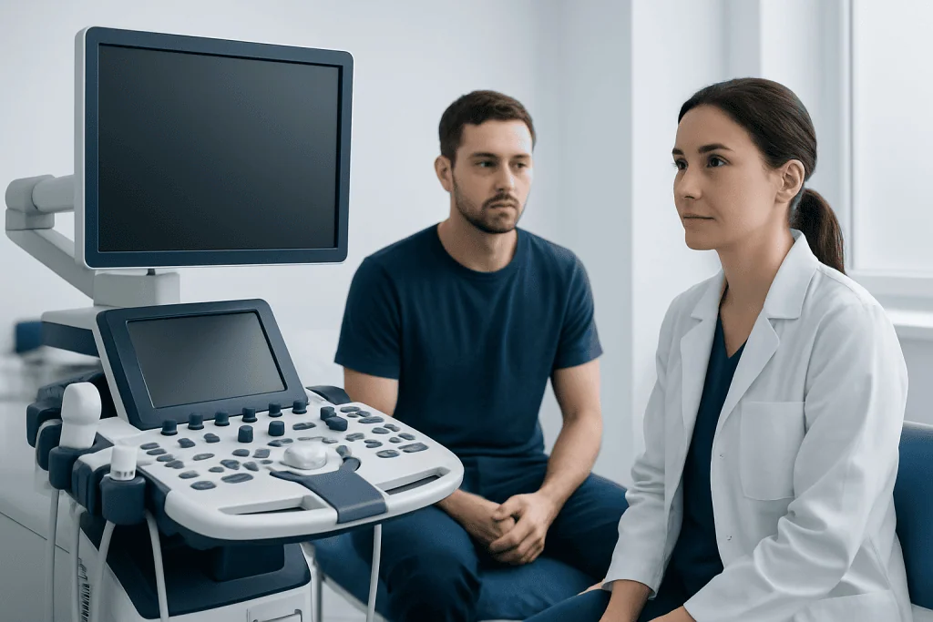 Doctor and patient in a medical consultation room with ultrasound equipment.