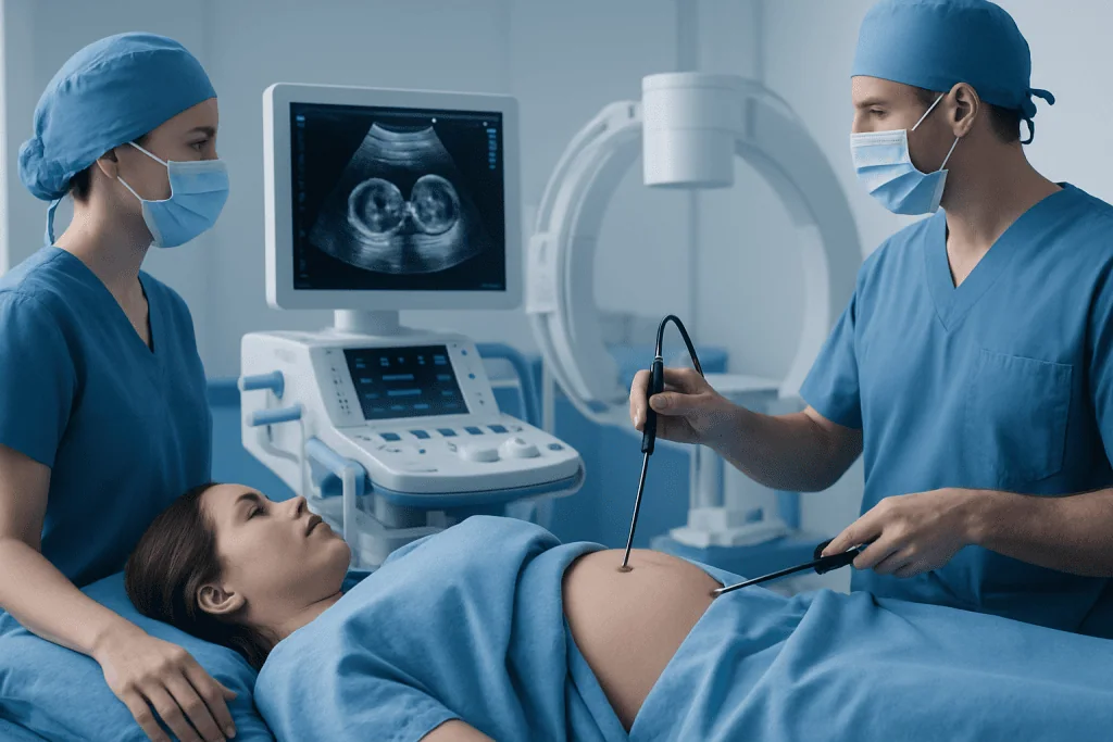Medical professionals perform an ultrasound procedure on a pregnant woman in a hospital.