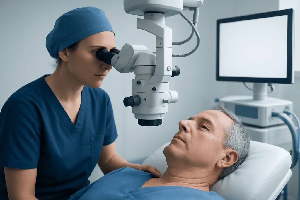 Ophthalmologist examining elderly patient's eye with a microscope.
