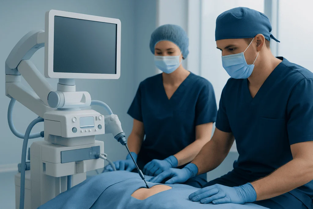 Surgeons performing VUR surgery in a modern hospital operating room.