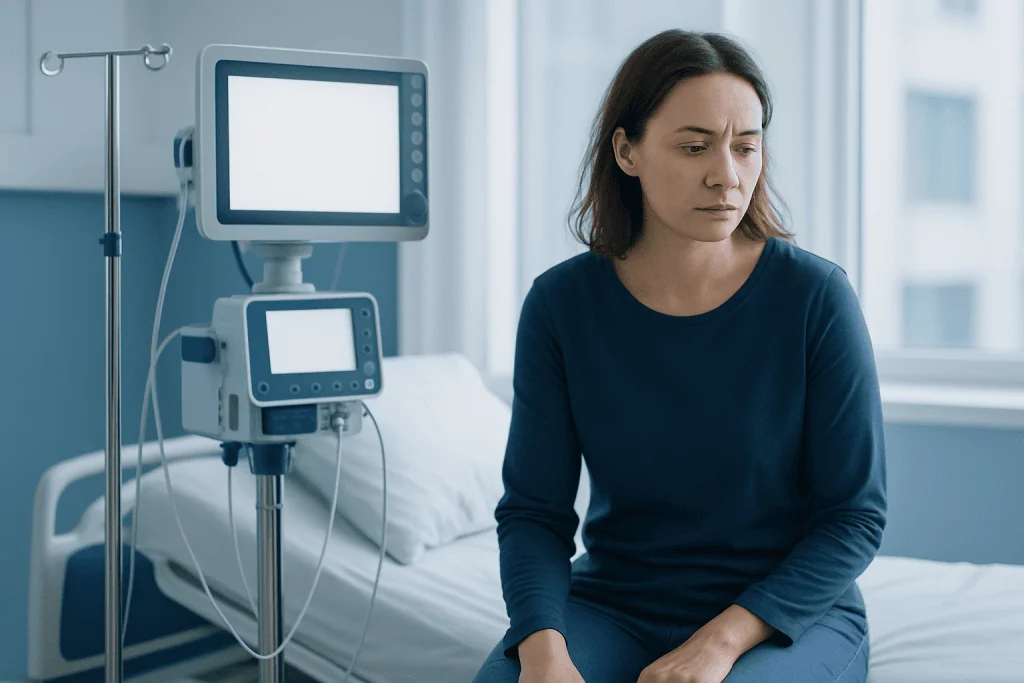 Worried woman in hospital room with medical monitors and IV stand.
