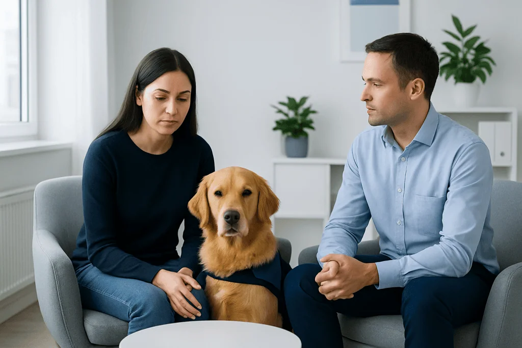 Therapist and patient with a therapy dog in a counseling session.
