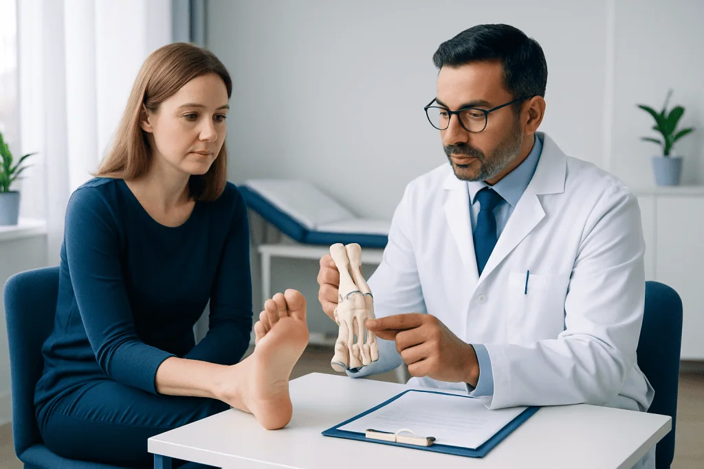 Doctor explaining foot anatomy to patient in a consultation room.