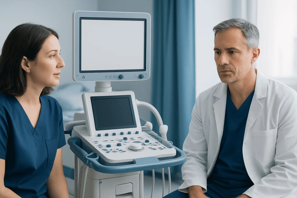 Doctor and nurse discussing patient care in a medical examination room.