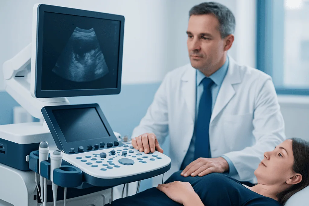 Doctor performing an ultrasound examination on a patient in a hospital setting.