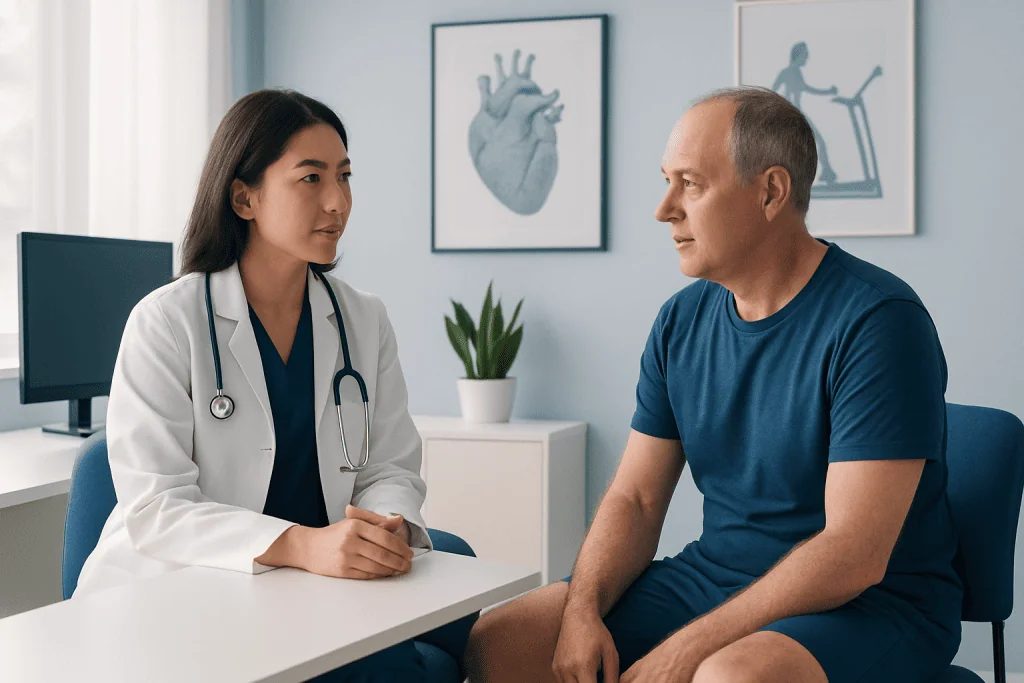 Doctor consulting with male patient in a medical office setting.