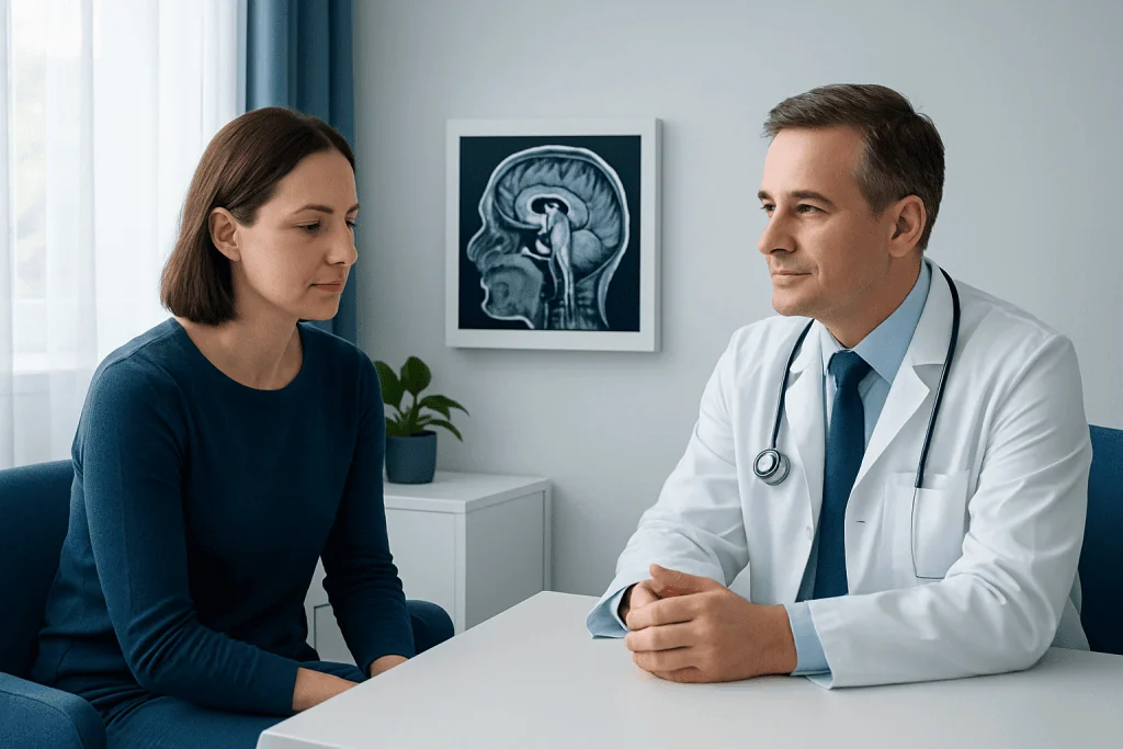 Doctor consulting with a patient about brain MRI results.