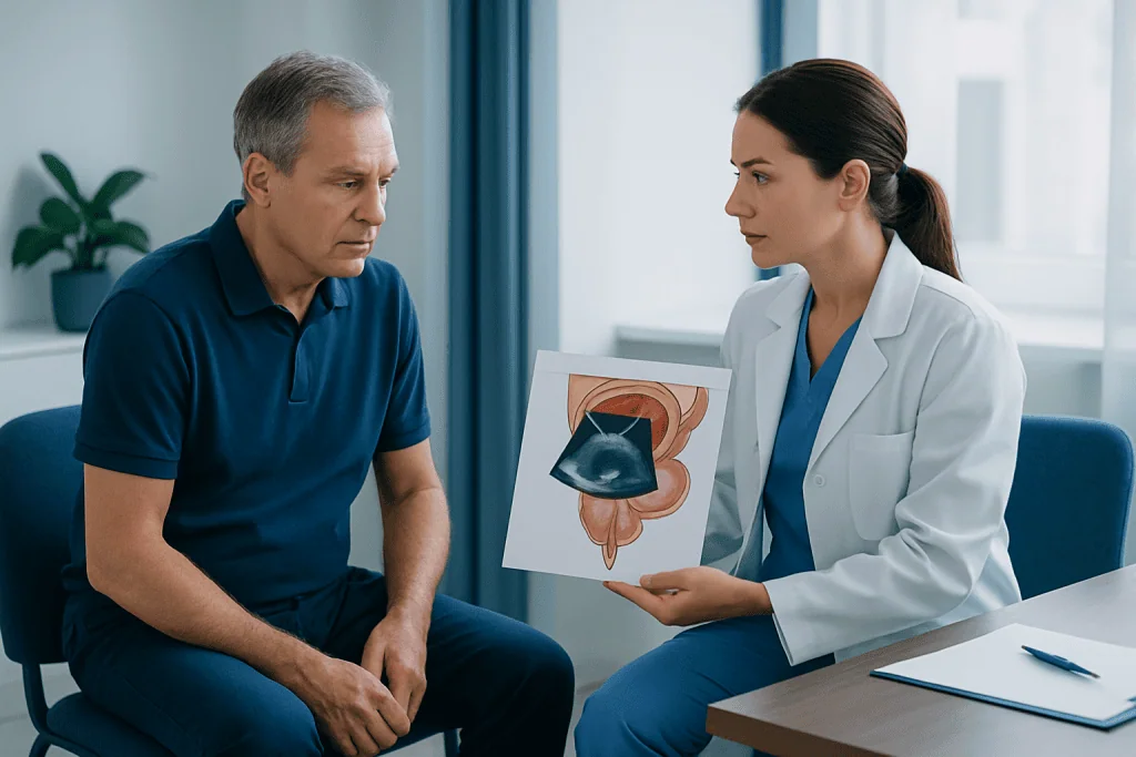 Urologist explains prostate ultrasound to patient in consultation room.