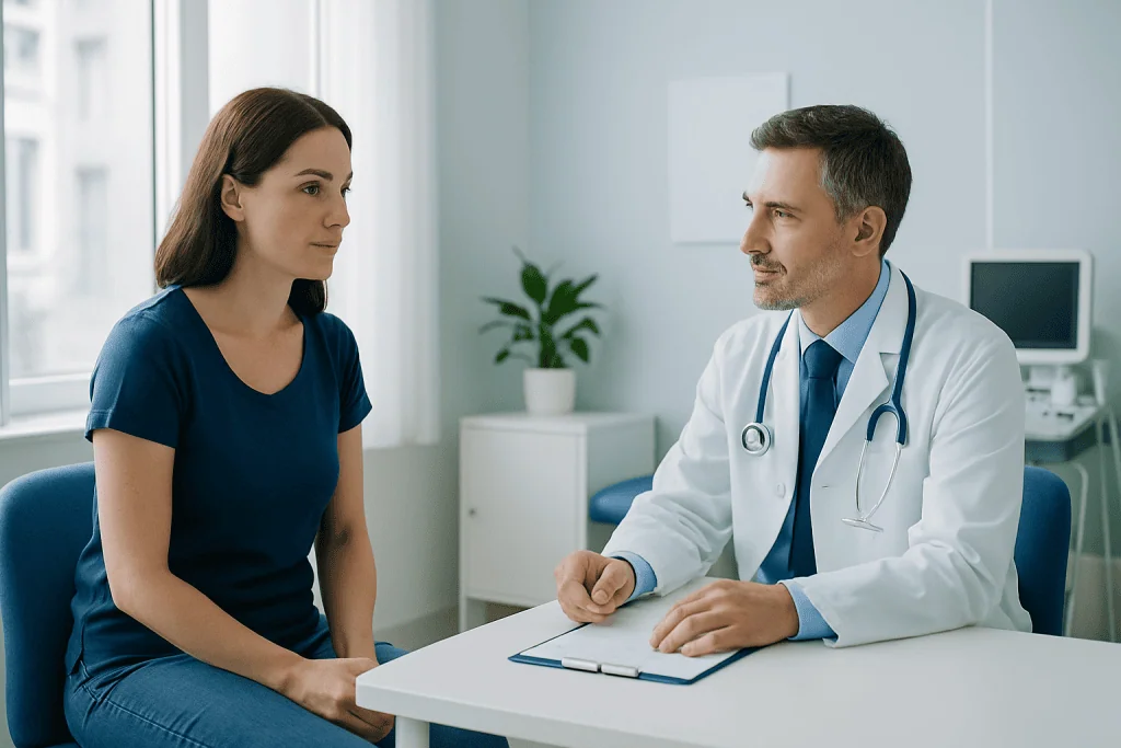 Doctor consulting with a female patient in a modern hospital room.