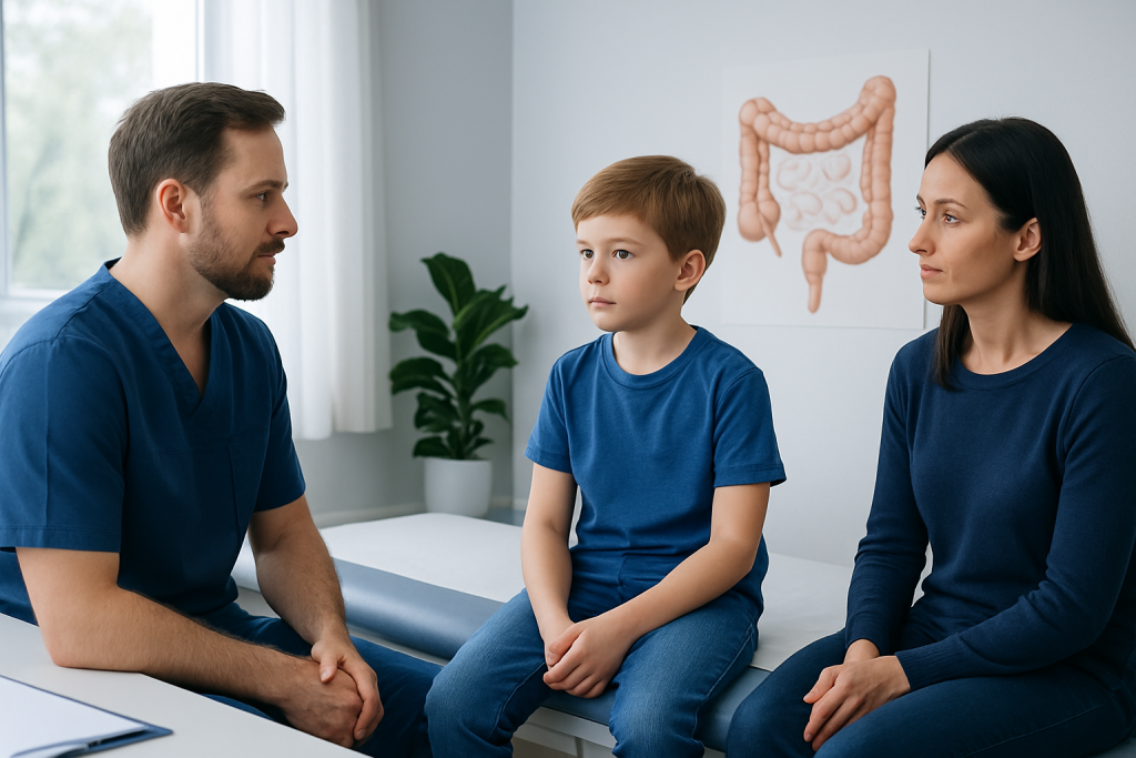 Pediatric consultation about colon health with doctor, mother, and child in clinic.