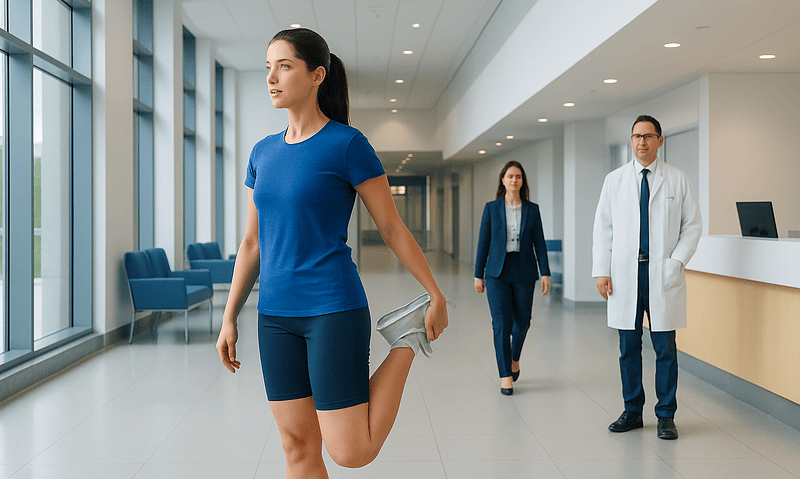 Woman stretching her quadriceps in a hospital corridor for runners' injury prevention.