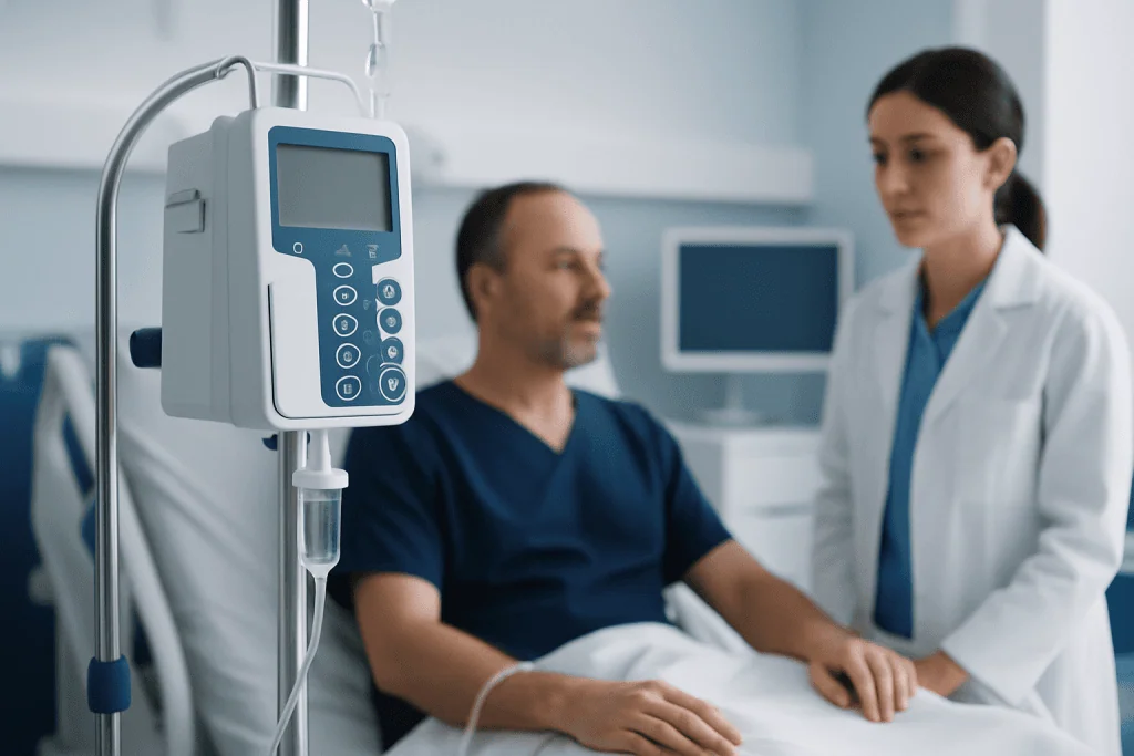 Hospital patient receiving treatment with medical equipment in the background.