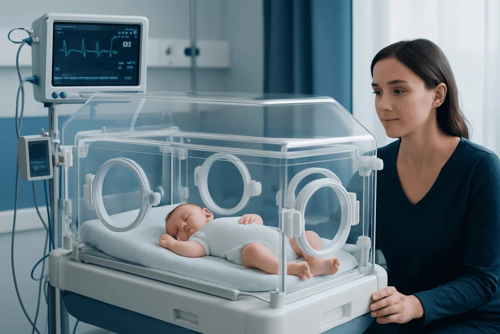 Newborn baby in incubator at hospital with mother nearby.