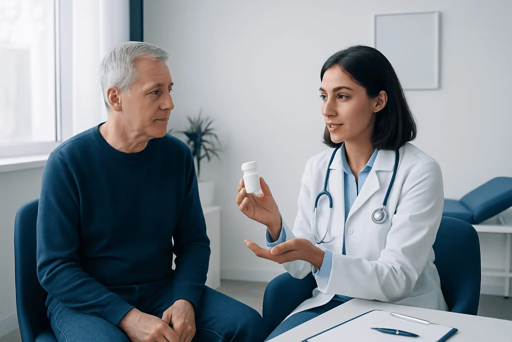 Doctor explaining medication to an elderly patient in a clinic setting.