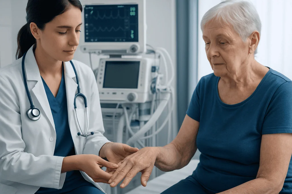 Doctor examining elderly woman's hand in a medical setting.