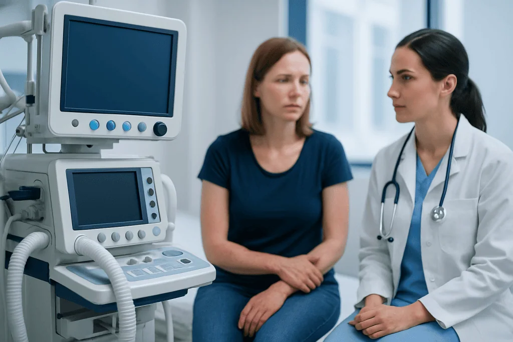 Doctor consulting a patient in a hospital room with medical monitors.